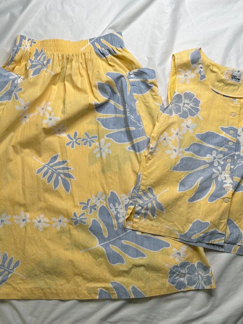 Vintage Reyn Spooner Hawaiin Floral Midi Skirt Blouse Set Yellow Sz Small